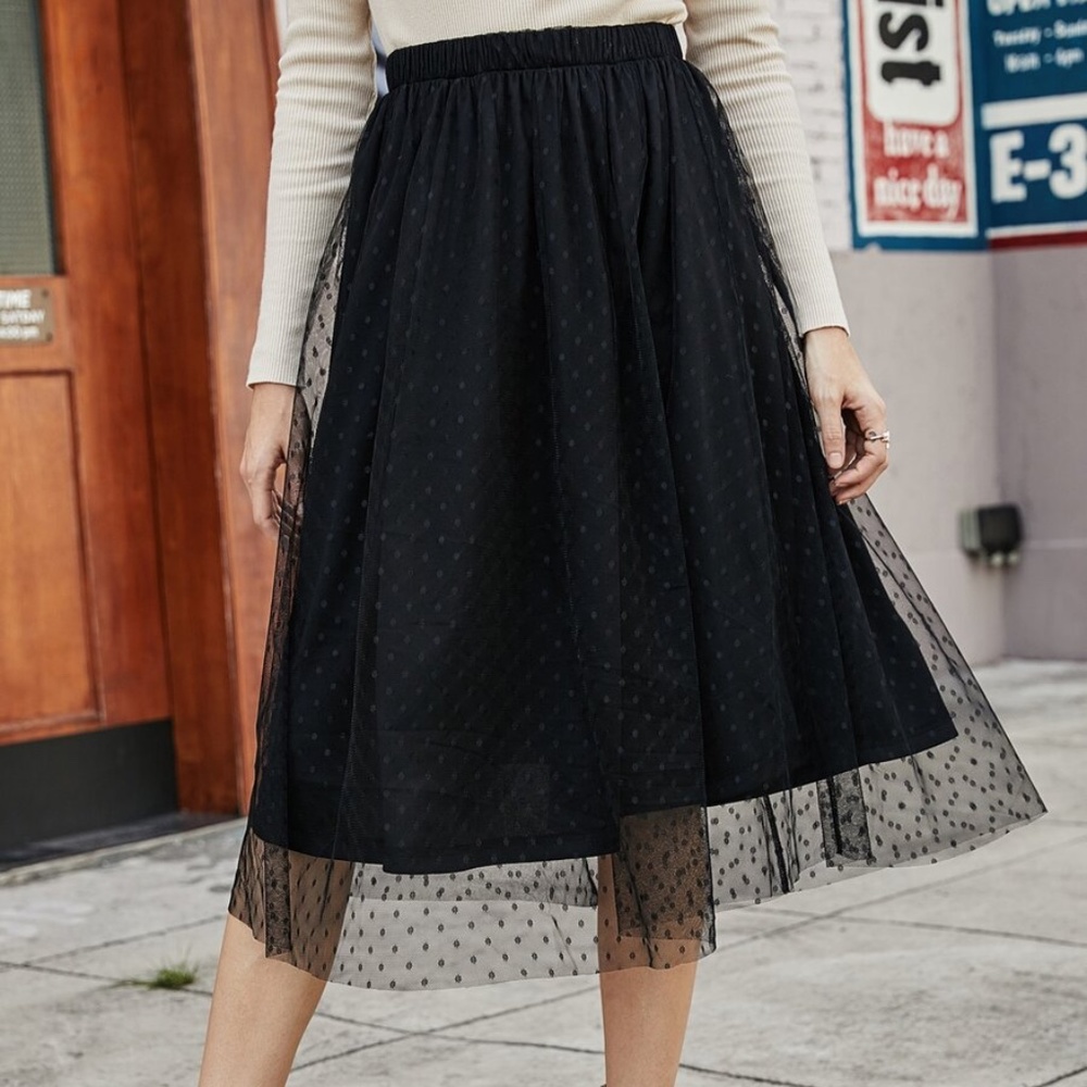 Classic Black Polka Dot Mesh Midi Skirt Minimalist - Picture 1 of 5